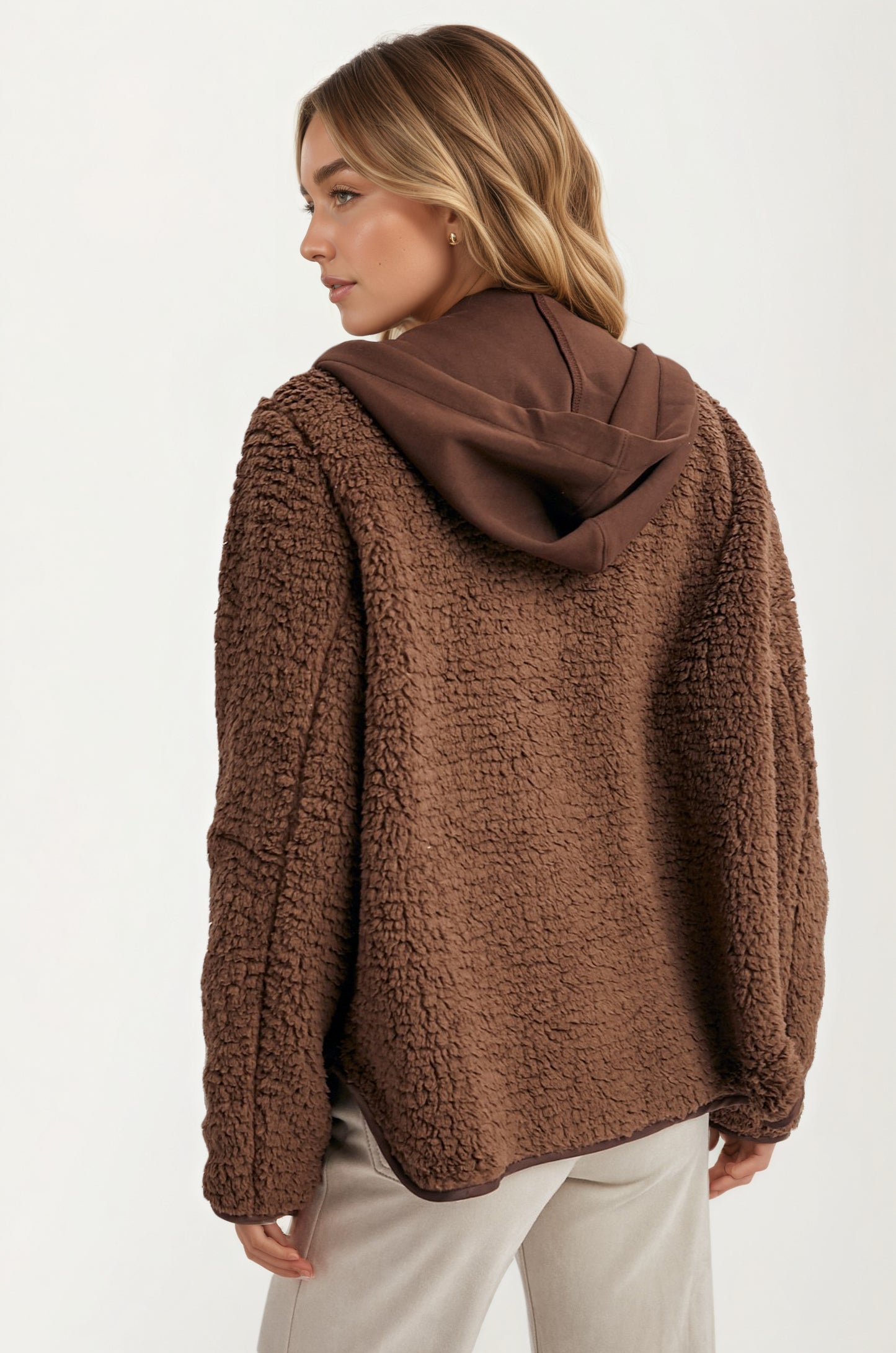 Cozy Hooded Sherpa Jacket with Snap Front and Relaxed Fit