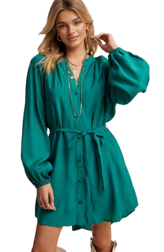 Emerald Belted Button-Up Biship Sleeve Mini Dress