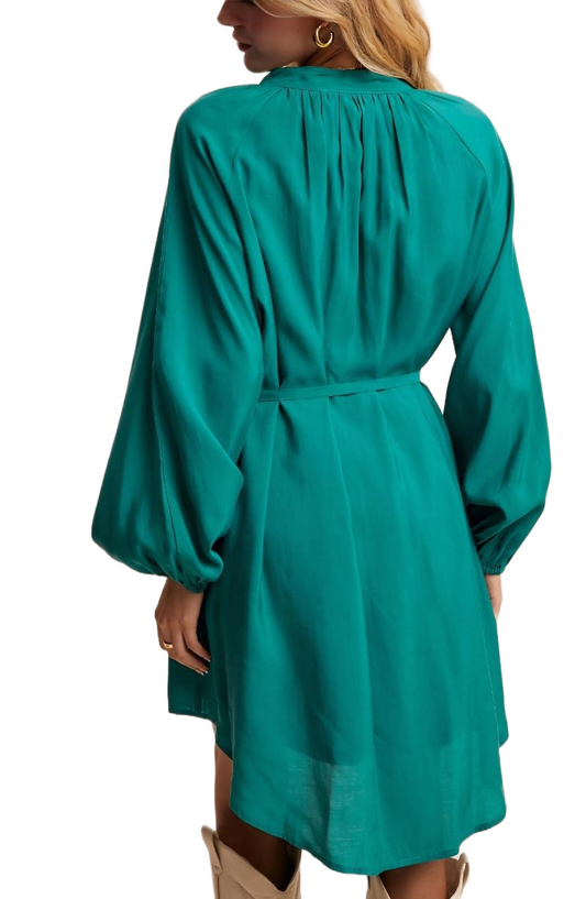 Emerald Belted Button-Up Biship Sleeve Mini Dress
