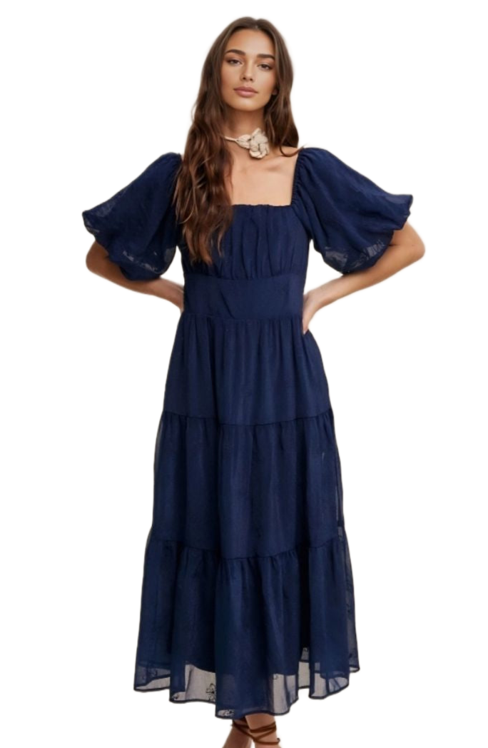 Navy Puff Sleeve Tiered Ruffle Lace Maxi Dress