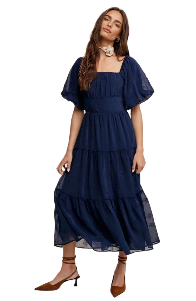 Navy Puff Sleeve Tiered Ruffle Lace Maxi Dress