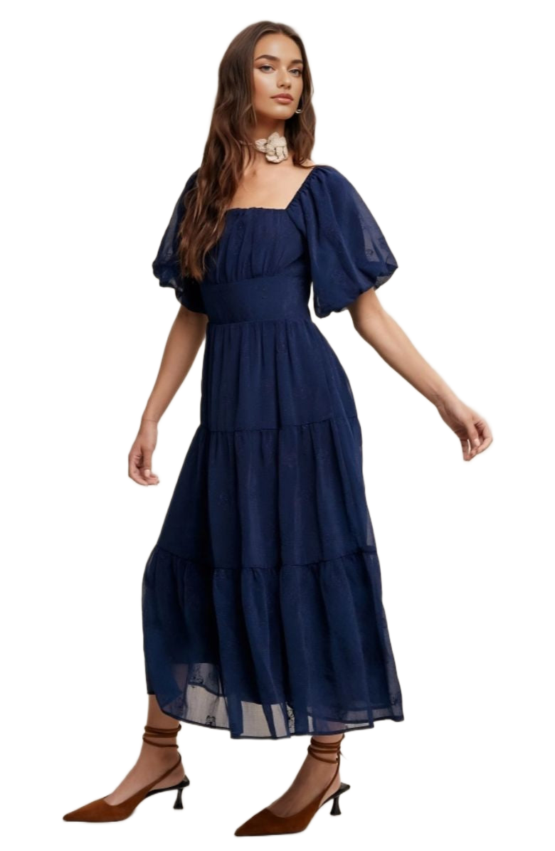 Navy Puff Sleeve Tiered Ruffle Lace Maxi Dress