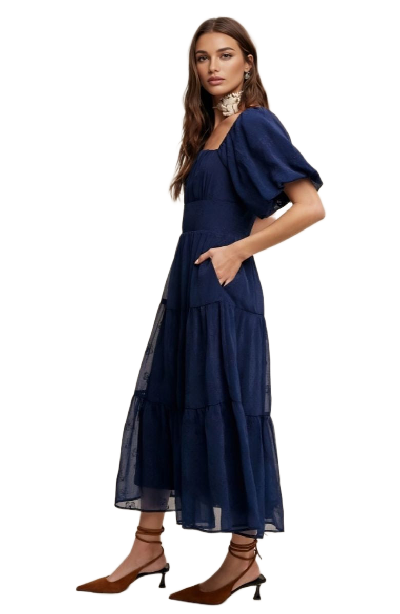 Navy Puff Sleeve Tiered Ruffle Lace Maxi Dress