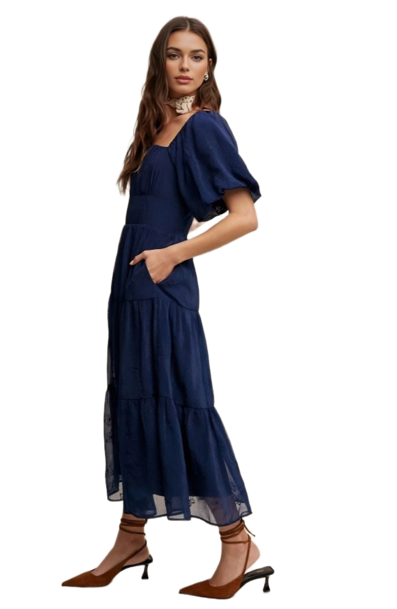 Navy Puff Sleeve Tiered Ruffle Lace Maxi Dress