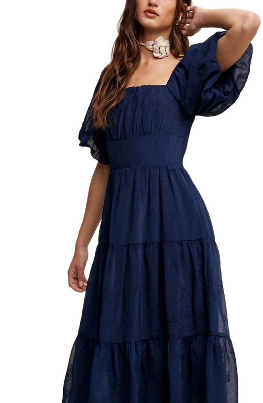 Navy Puff Sleeve Tiered Ruffle Lace Maxi Dress