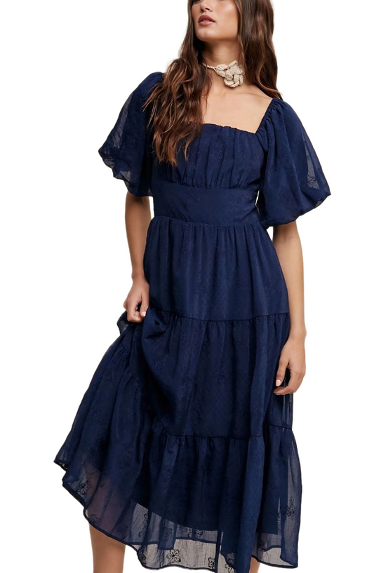 Navy Puff Sleeve Tiered Ruffle Lace Maxi Dress