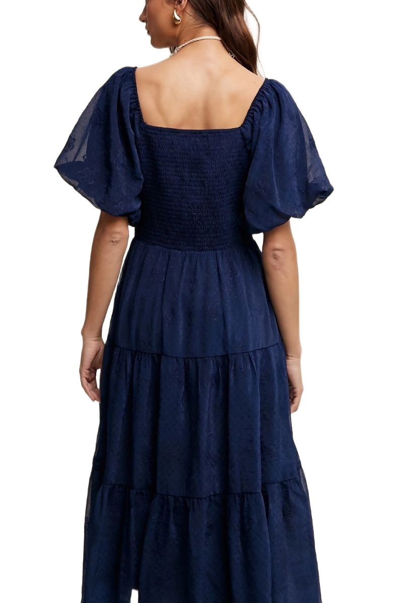 Navy Puff Sleeve Tiered Ruffle Lace Maxi Dress