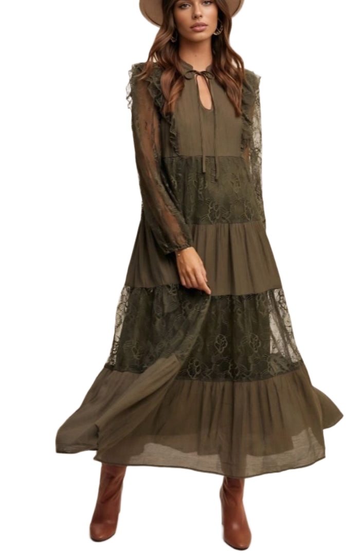 Olive Lace Tiered Tie Detail Bishop Sleeve Maxi Dress