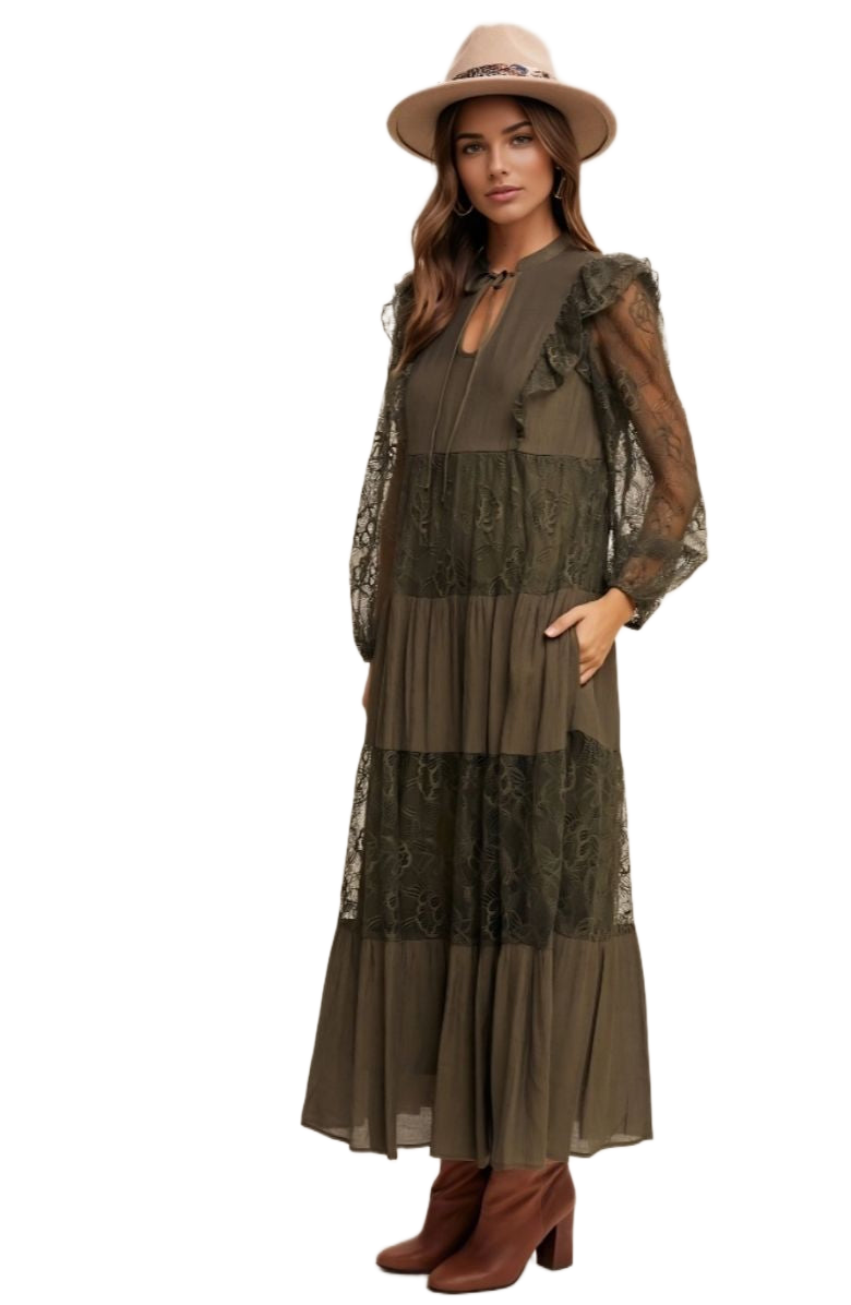Olive Lace Tiered Tie Detail Bishop Sleeve Maxi Dress