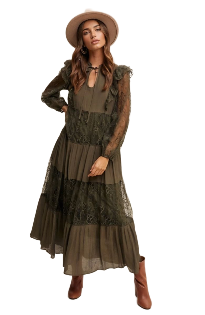 Olive Lace Tiered Tie Detail Bishop Sleeve Maxi Dress