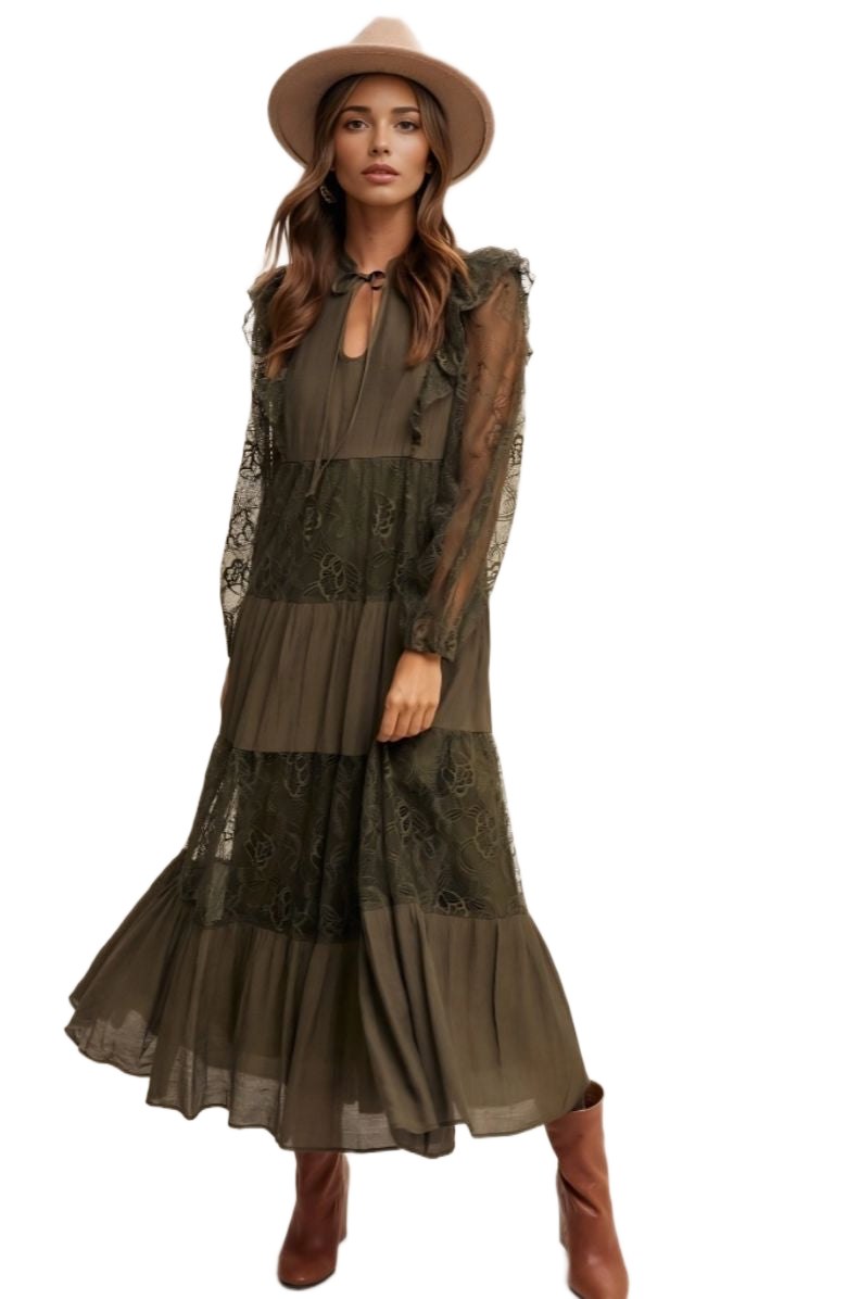 Olive Lace Tiered Tie Detail Bishop Sleeve Maxi Dress