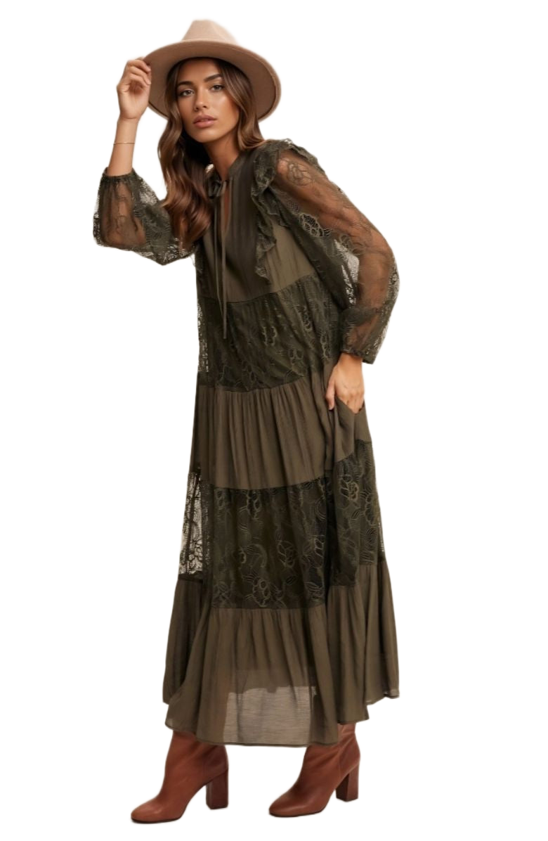 Olive Lace Tiered Tie Detail Bishop Sleeve Maxi Dress