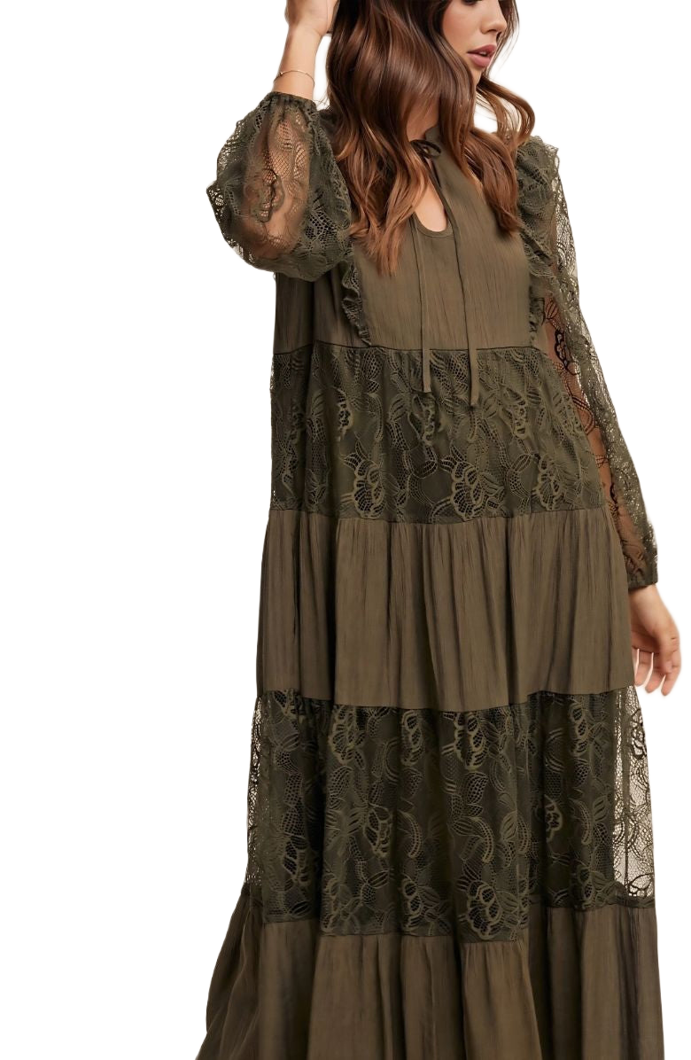 Olive Lace Tiered Tie Detail Bishop Sleeve Maxi Dress