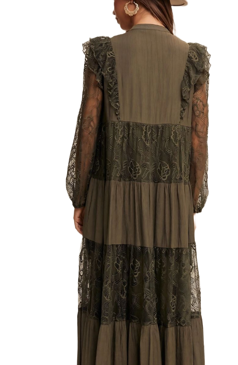 Olive Lace Tiered Tie Detail Bishop Sleeve Maxi Dress