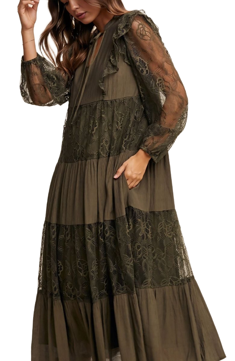 Olive Lace Tiered Tie Detail Bishop Sleeve Maxi Dress