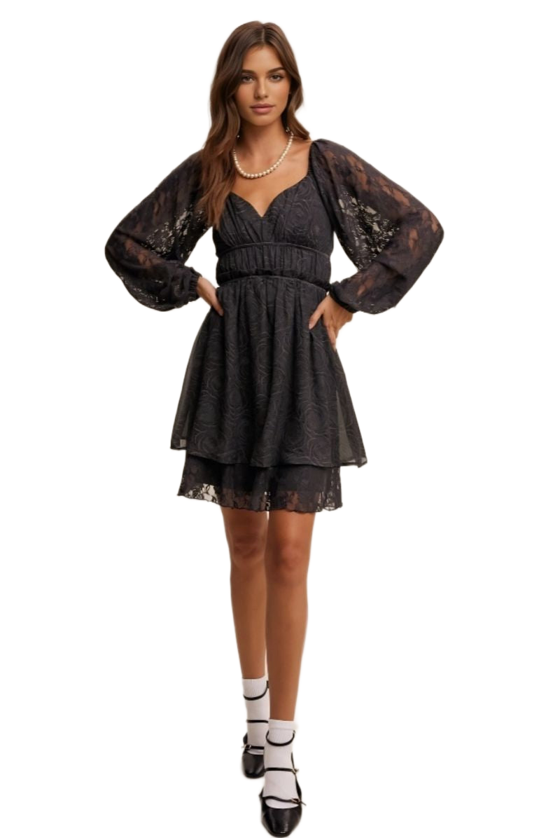 Black Lace Long Sleeve Mini Ruffle Layer Dress