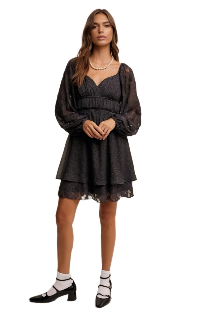 Black Lace Long Sleeve Mini Ruffle Layer Dress