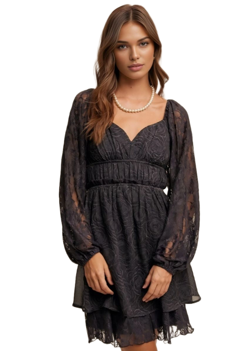 Black Lace Long Sleeve Mini Ruffle Layer Dress