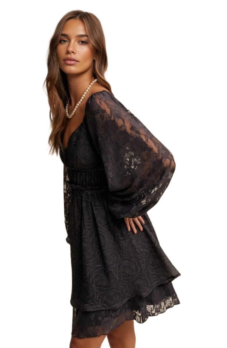 Black Lace Long Sleeve Mini Ruffle Layer Dress