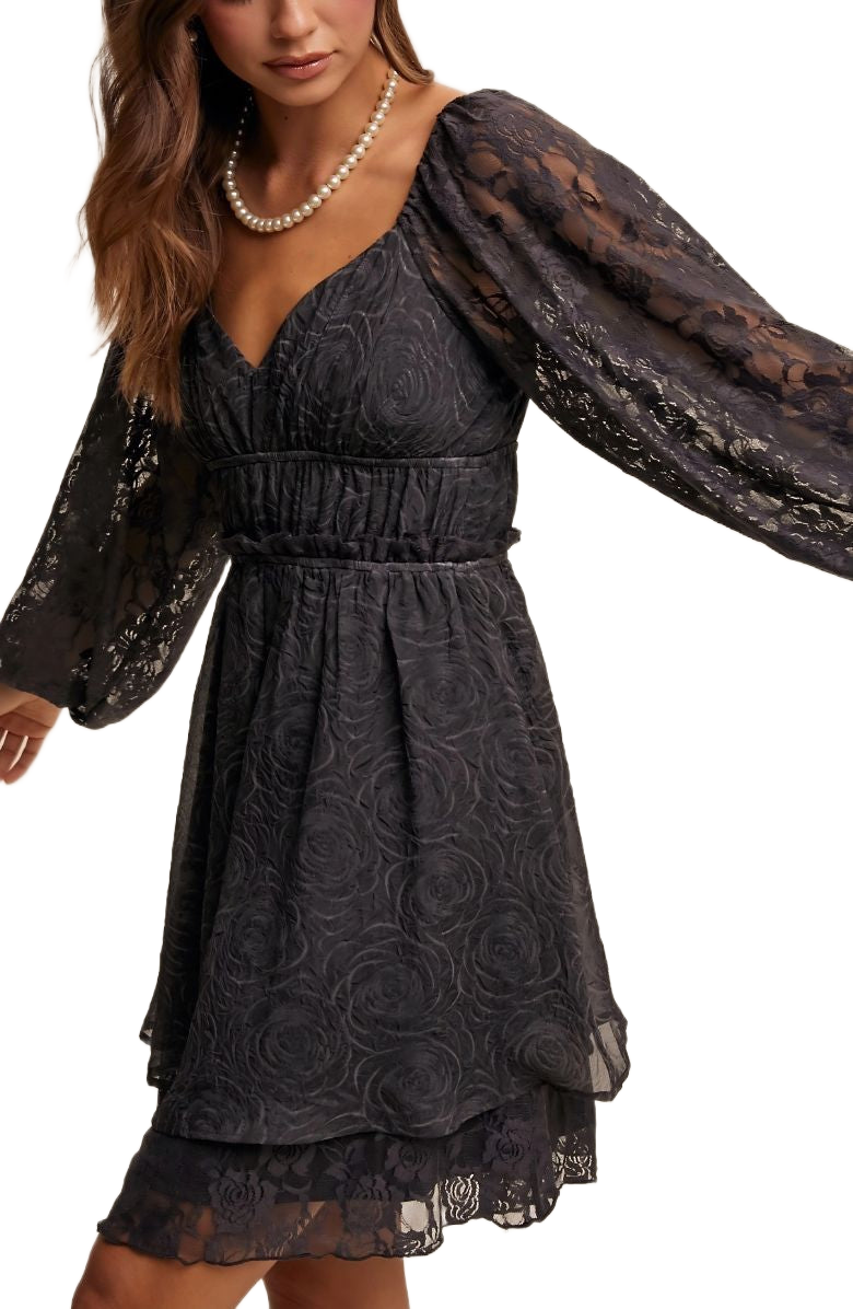 Black Lace Long Sleeve Mini Ruffle Layer Dress