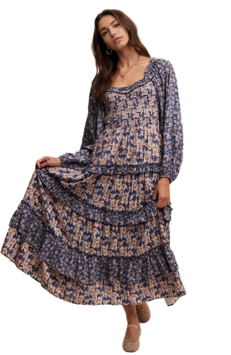Blue and Blush Floral Ruffle Tiered Maxi Dress