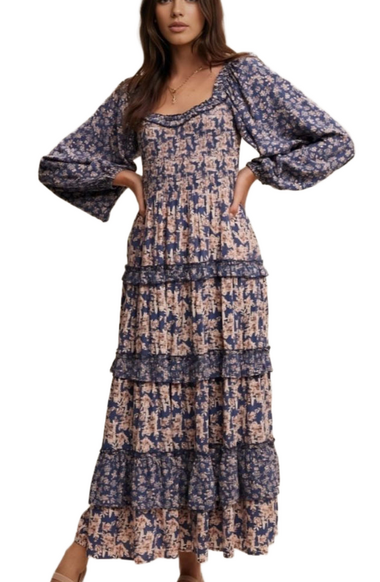 Blue and Blush Floral Ruffle Tiered Maxi Dress
