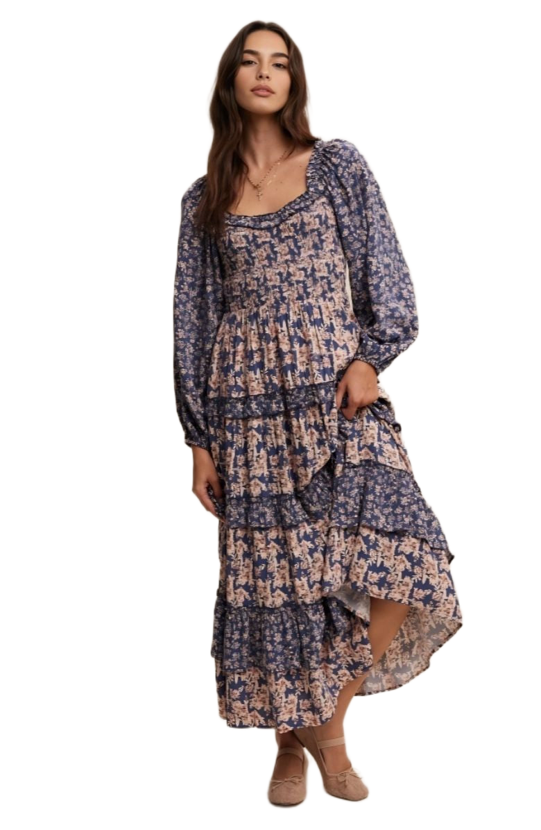 Blue and Blush Floral Ruffle Tiered Maxi Dress
