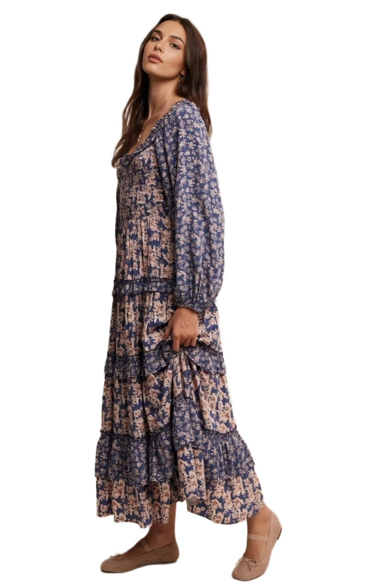 Blue and Blush Floral Ruffle Tiered Maxi Dress