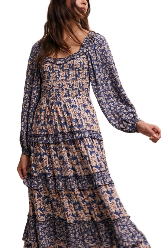 Blue and Blush Floral Ruffle Tiered Maxi Dress