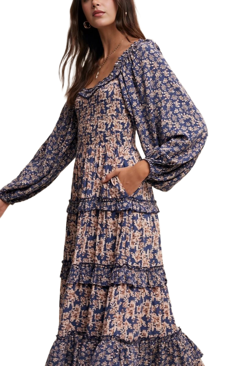 Blue and Blush Floral Ruffle Tiered Maxi Dress
