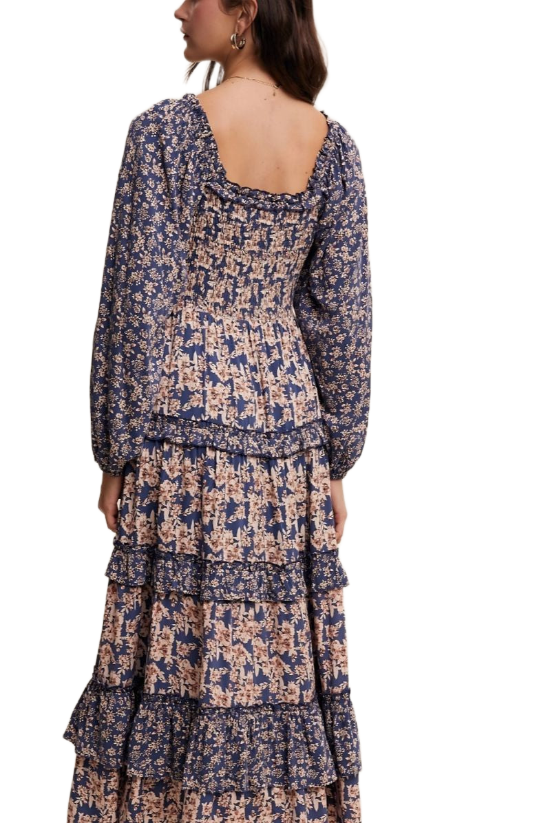 Blue and Blush Floral Ruffle Tiered Maxi Dress