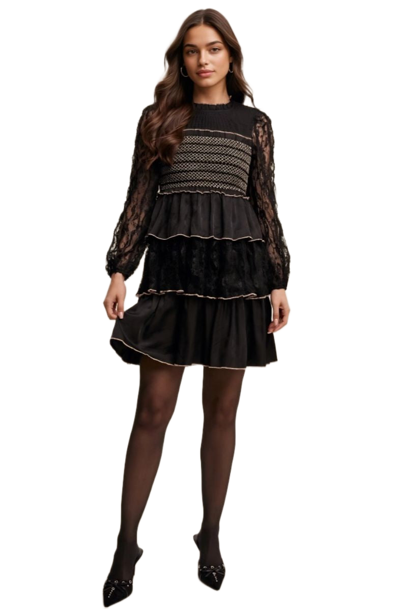 Black Lace Tiered Smocked Chest Bell Mini Dress