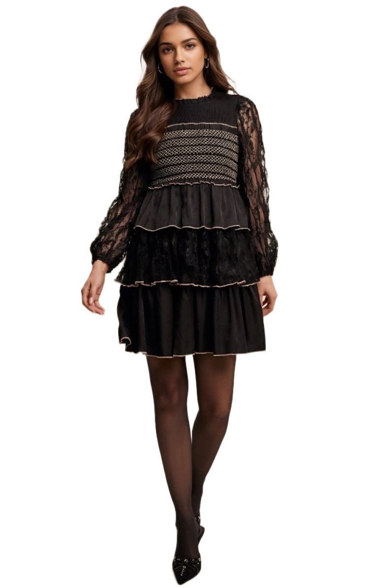 Black Lace Tiered Smocked Chest Bell Mini Dress