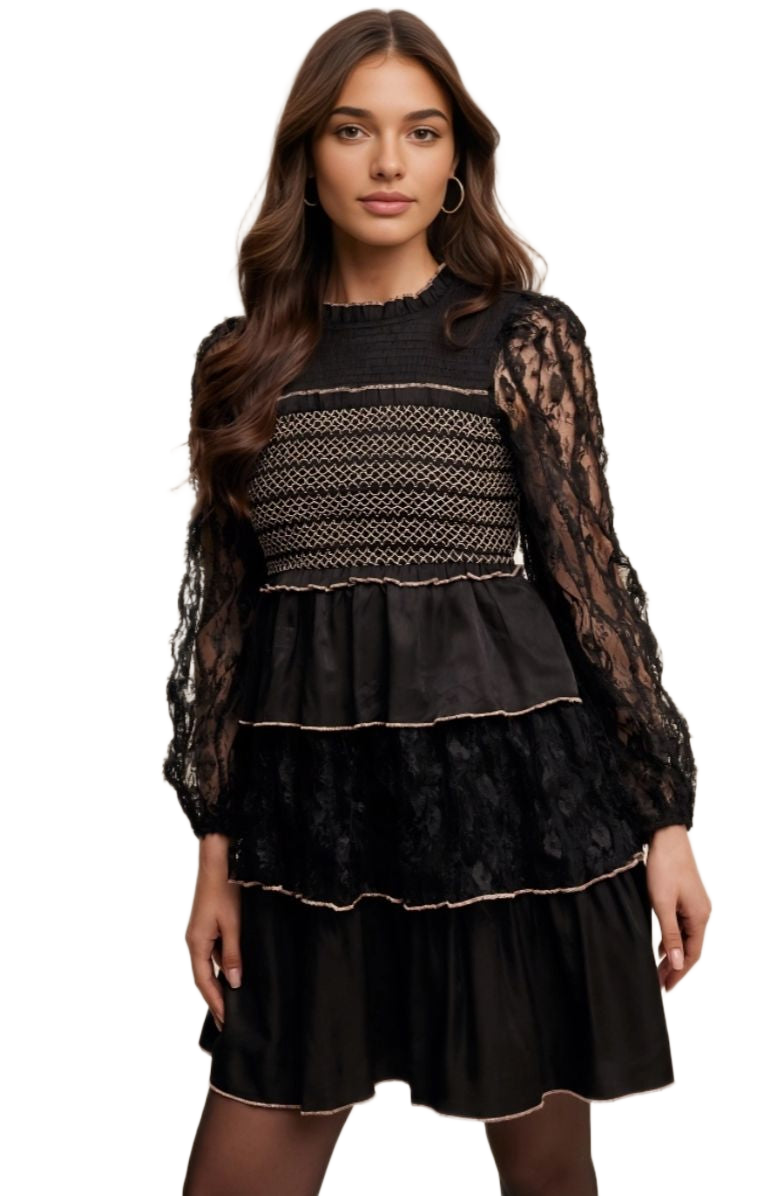 Black Lace Tiered Smocked Chest Bell Mini Dress
