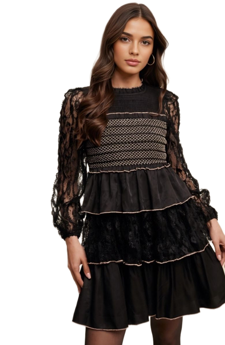 Black Lace Tiered Smocked Chest Bell Mini Dress