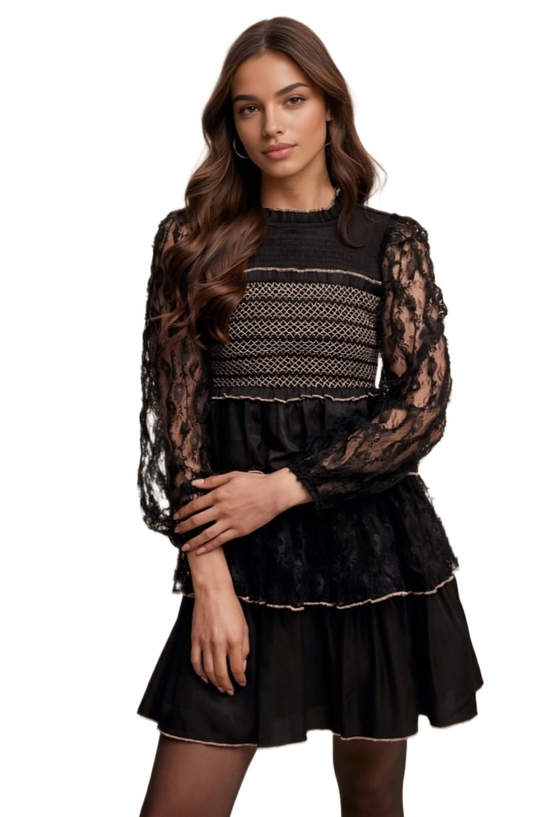 Black Lace Tiered Smocked Chest Bell Mini Dress