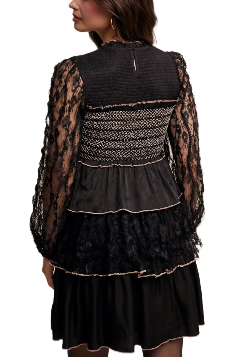 Black Lace Tiered Smocked Chest Bell Mini Dress