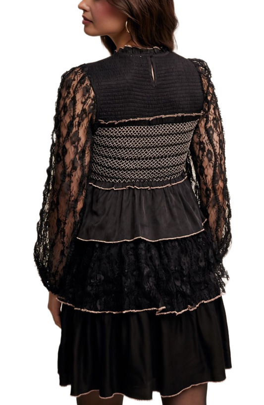 Black Lace Tiered Smocked Chest Bell Mini Dress