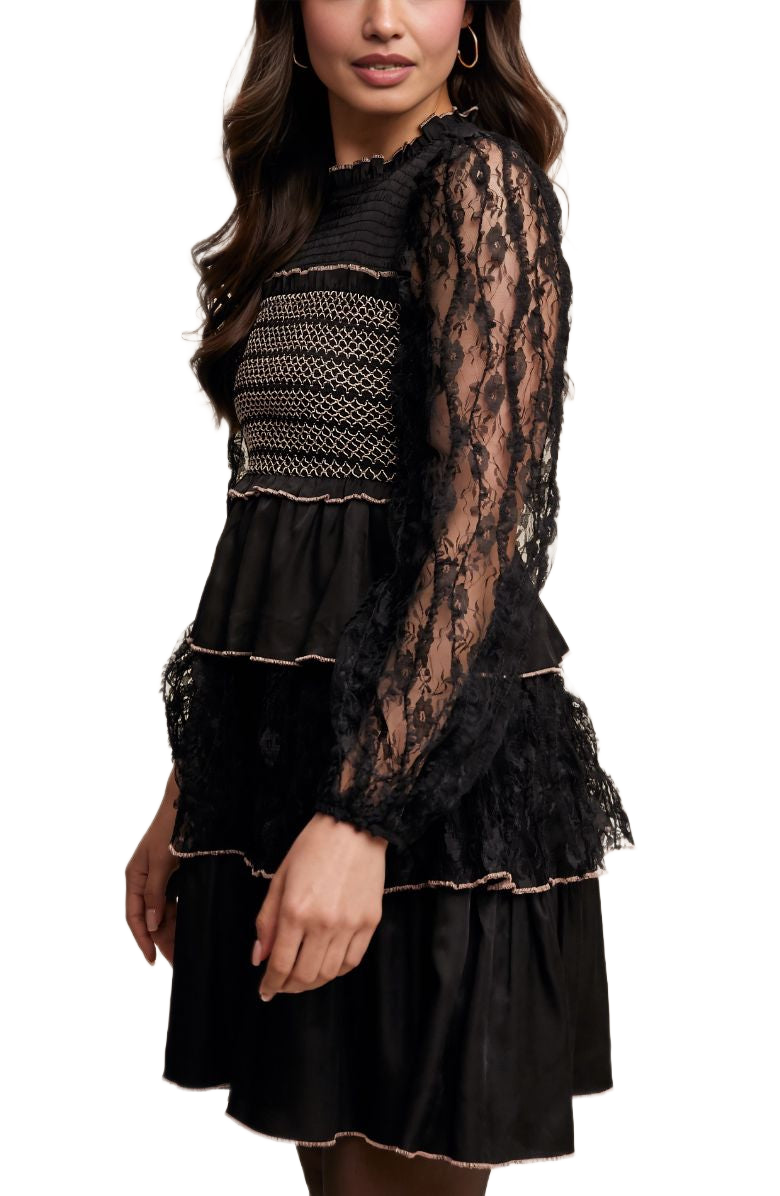 Black Lace Tiered Smocked Chest Bell Mini Dress