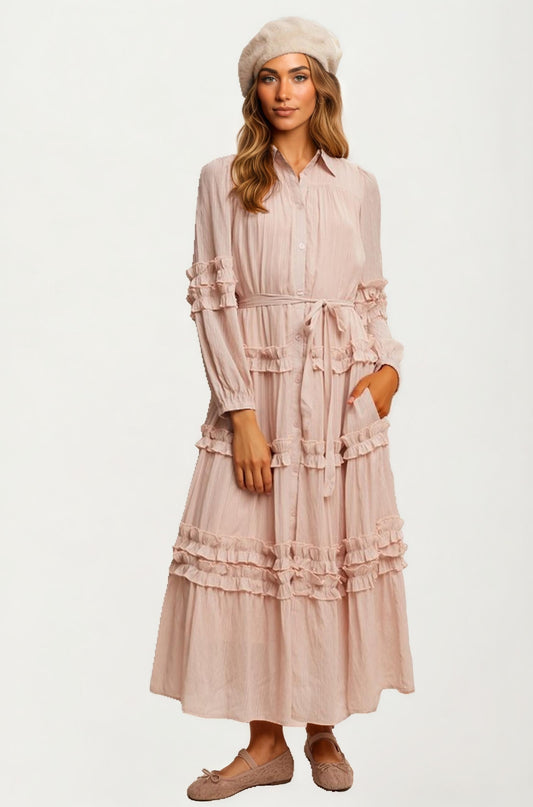 Long Sleeve Ruffle Tiered Maxi Shirt Dress with Tie Waist