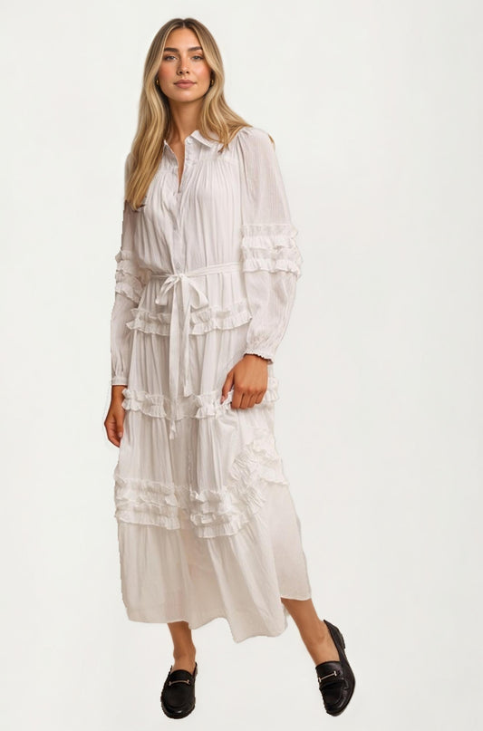 Long Sleeve Ruffle Tiered Maxi Shirt Dress with Tie Waist