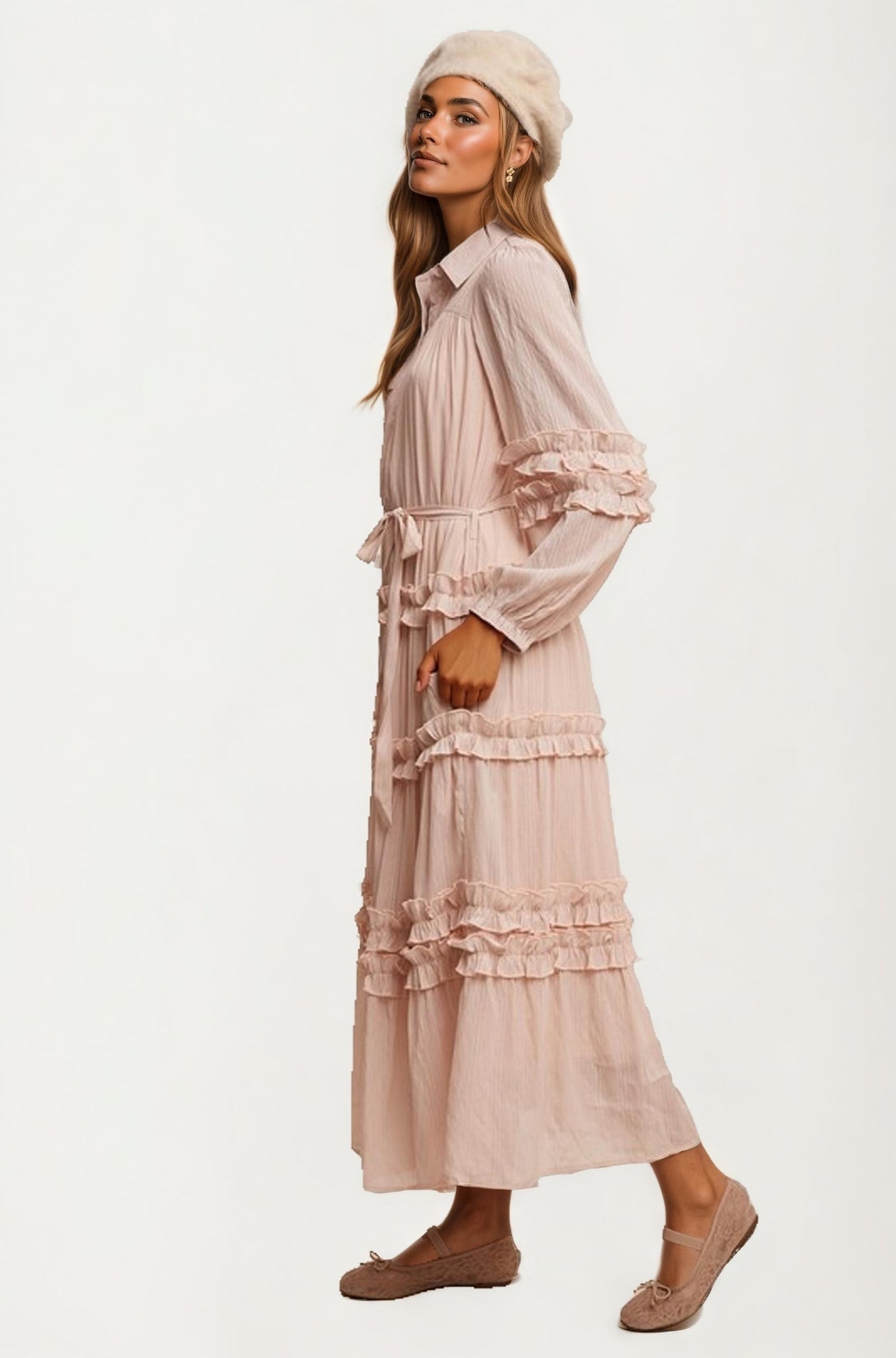 Long Sleeve Ruffle Tiered Maxi Shirt Dress with Tie Waist