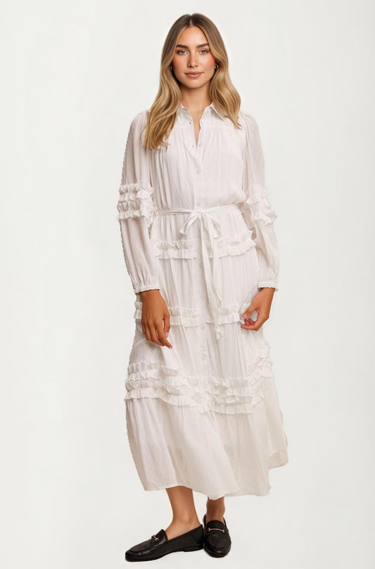 Long Sleeve Ruffle Tiered Maxi Shirt Dress with Tie Waist