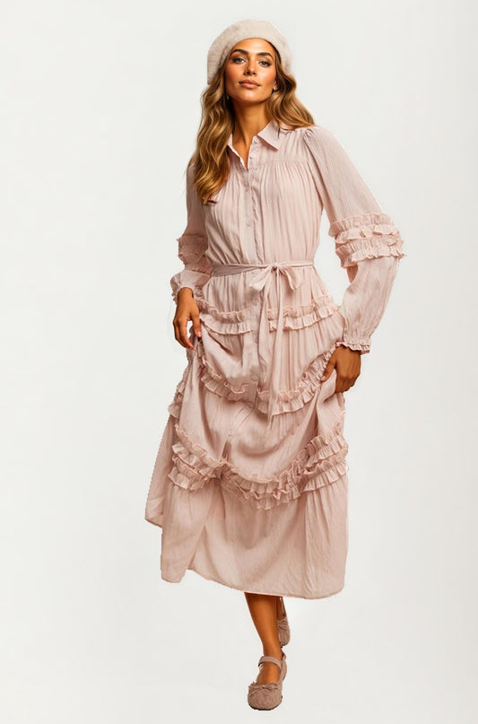 Long Sleeve Ruffle Tiered Maxi Shirt Dress with Tie Waist