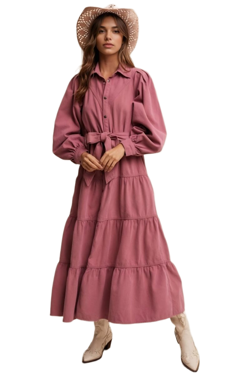 Rose Tiered Belted Button Down Maxi Shirt Dress