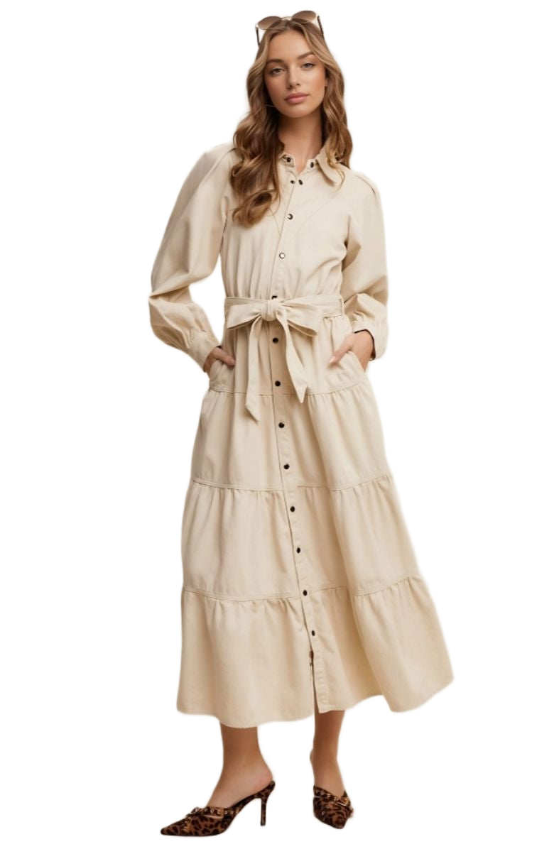 Beige Tiered Belted Bishop Sleeve Maxi Shirt Dress