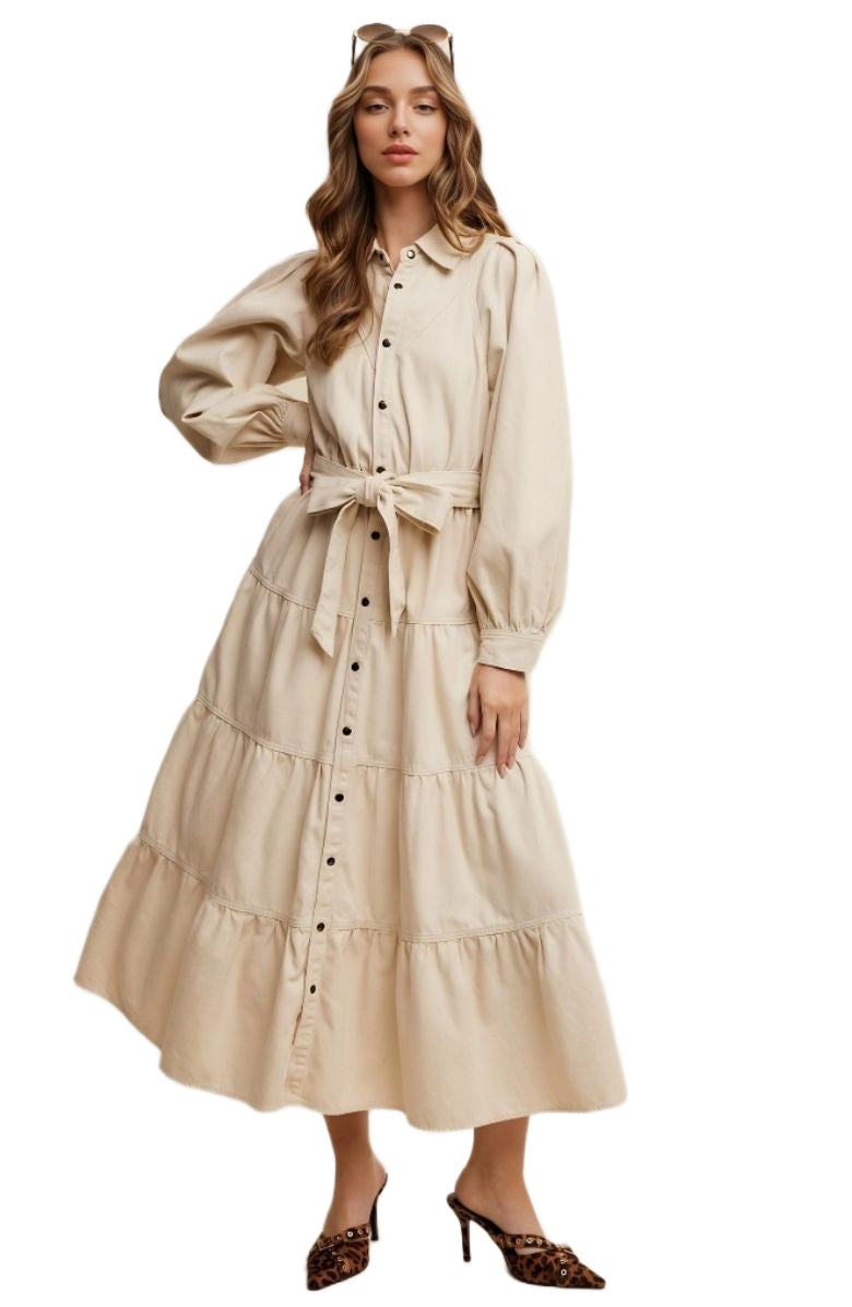 Beige Tiered Belted Bishop Sleeve Maxi Shirt Dress