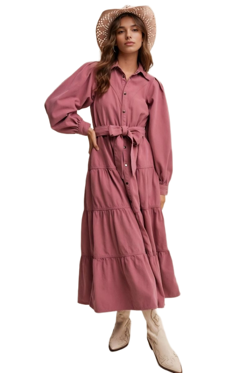 Rose Tiered Belted Button Down Maxi Shirt Dress