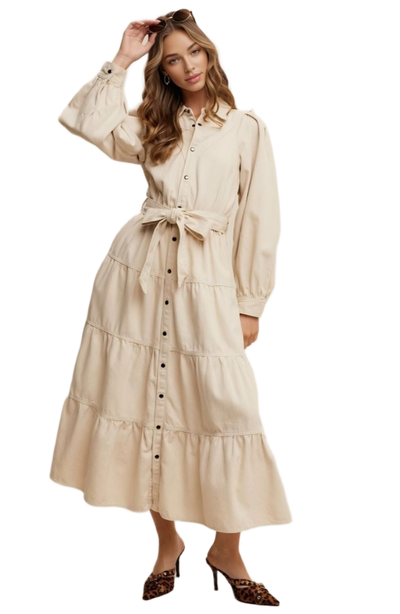 Beige Tiered Belted Bishop Sleeve Maxi Shirt Dress