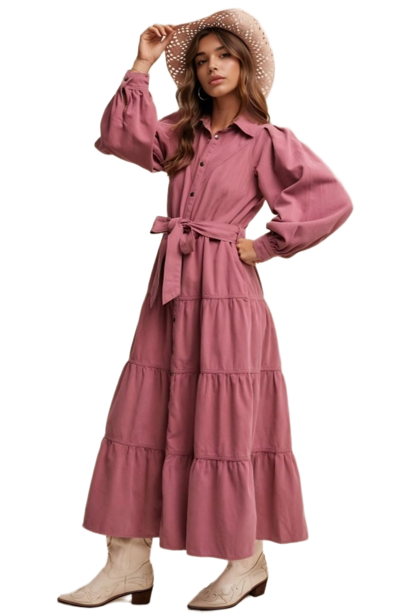 Rose Tiered Belted Button Down Maxi Shirt Dress